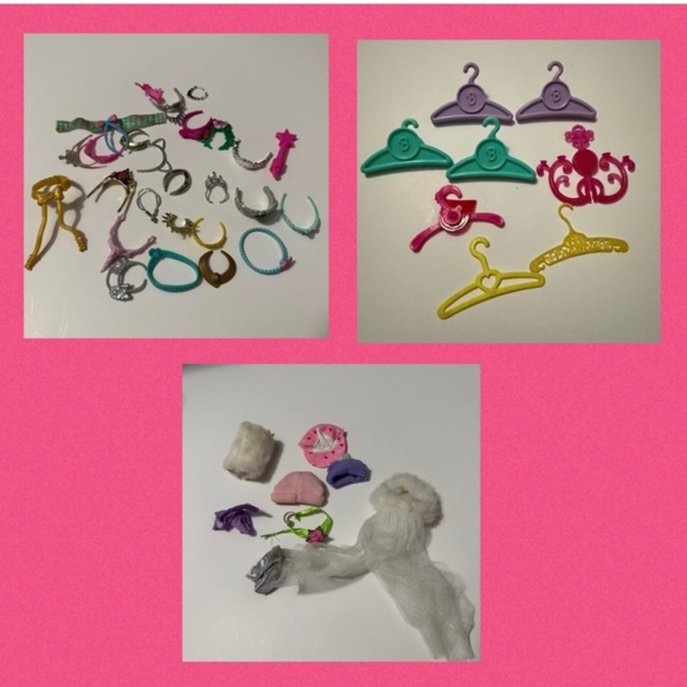 Barbie Doll Accessories Lot Hangers Tiaras Headbands Jewelry Knit Hats Faux Fur
